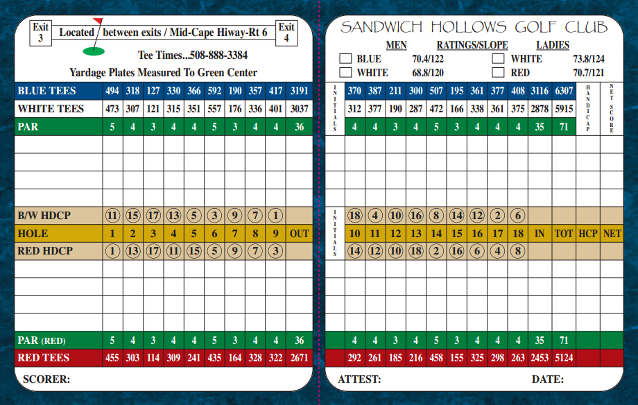 Scorecard Sandwich Hollows Golf Club